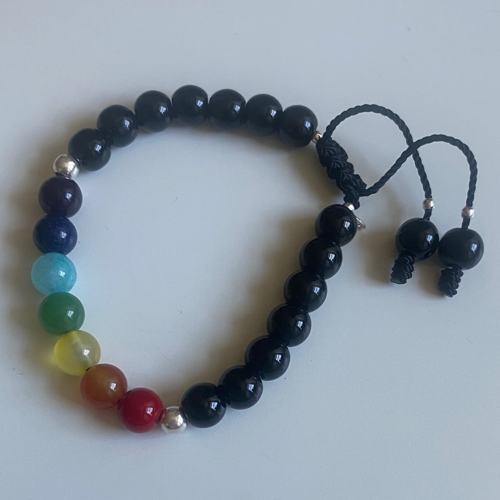 Sterling Silver Adjustable Bracelet with Onyx Stone and Chakras